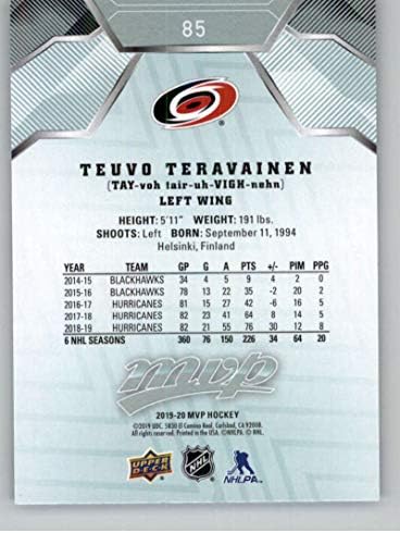 2019-20 Gornja paluba MVP 85 Teuvo Teravainen Carolina uragani NHL Trgovačka karta hokeja