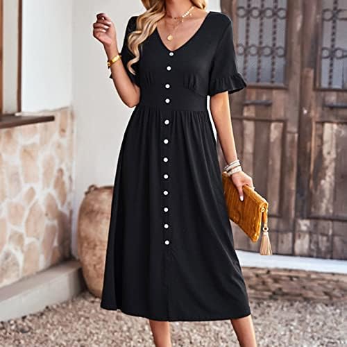 LMDUDAN Ljetne haljine za žene 2023 modni kratki rukavi Čvrsta boja dugačka haljina casual gumb v vrat maxi haljine Sundress