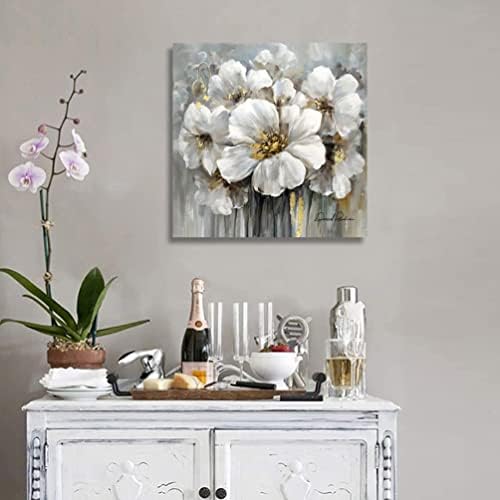Cvjetne slike platno zidna umjetnost - bijela i siva cvjetna sa zlatom za spavaću sobu dekor kupaonice uokvirena 30 x30