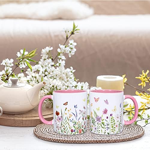 WHILINE 2PCS Ljetne keramičke krigle 12oz proljetni akvarelni cvjetovi leptiri kava šalice ružičaste bijele cvjetne šalice domaćih