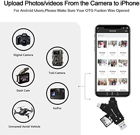 Čitač SD kartica za iPhone/iPad/Android/Mac/računalo/kameru, 4 in1 Micro SD kartice Reader Reader Trail Pregled kamere, prijenosna