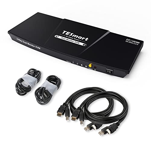 TESmart DisplayPort + HDMI KVM Switch 2 monitora, 2 računala 4K @ 60 Hz, KVM Switch sa dva monitora, 2-port napredni prikaz, emulators