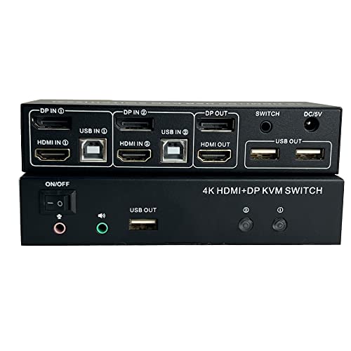 BolAAzuL HDMI + Displayport KVM preklopnik 2 port, Dual monitor 2 računala HDMI 2.0 DP 1.2 USB 2.0 KVM preklopnik 4K 60 Hz, Tipkovnica