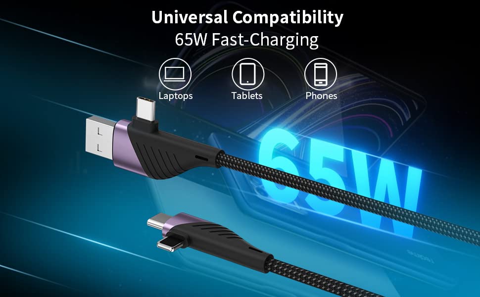 IAXBI 2PACK [4 u 1] kabel za više punjenja 65W 3.1A UsB C kabel za brzo punjenje, najlonski pleteni USB A/C na USB C/IP kabel, kompatibilan