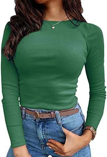 Jednostavne široke majice za žene Ženska osnovna majica dugih rukava ležerna majica s okruglim vratom tanka obična Rebrasta majica