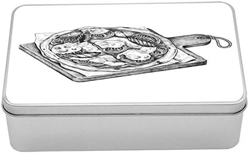 Ambasonne ugljen siva metalna kutija, digitalno skicirani izgled kamene pećnice pizza Ukusni sastojci ilustracija, višenamjenski pravokutni