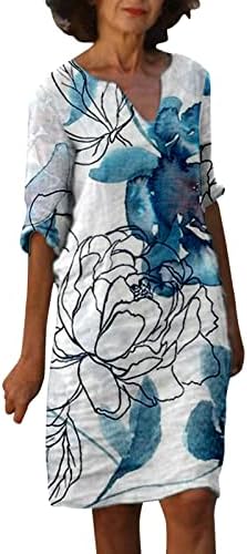 Žene casual retro sundess cvjetni otisak v vrat pamučno posteljina srednje duljine srednje duljine haljine od srednje duljine mini