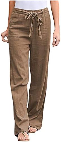 Ženske pamučne lanene hlače Elastično visoki struk plus salona hlače široke noge labave stane čvrste ljetne hlače