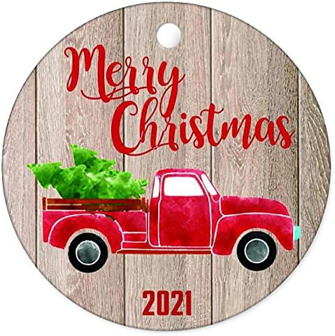 Sretan Božić 2021 suvenir keramički ukrasi Crveni automobil s krovom božićnog drvca 3x3 inčni dvostrani tiskarski okrugli okrugli božićno
