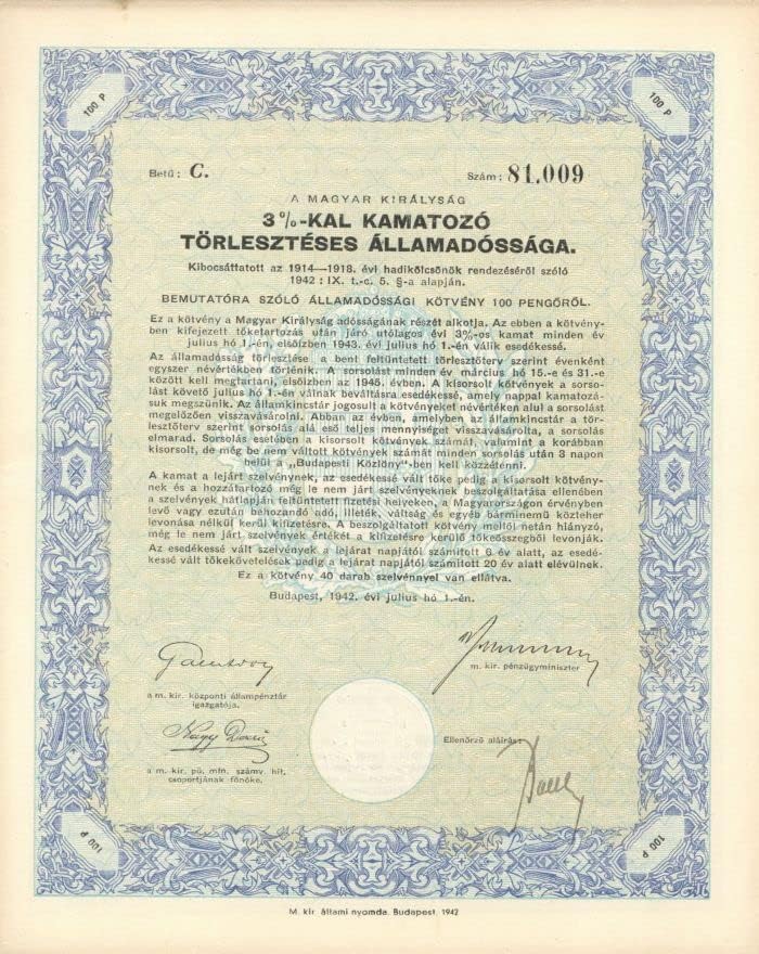 Mađarski kiralisag obveznica nominalne vrijednosti 50 ili 100 pengorola