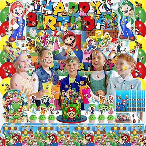 Pribor za rođendanske zabave u igri za dječake u SAD-u uključuje transparent, pozadinu, poklopac stola, poklopac torte, tanjure, balone,