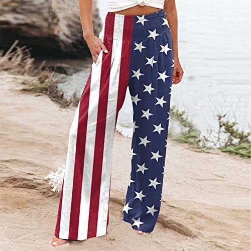 4. srpnja hlače s posteljinom širokim nogama za žene američka zastava ruched elastične hlače s visokim strukom s džepovima palazzo