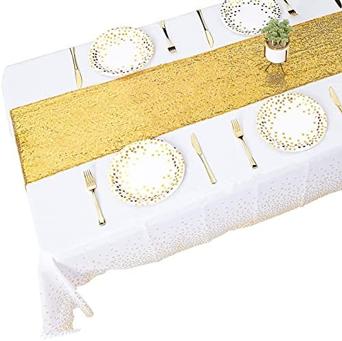 Bijeli stolnjak Zlatni stol za trčanje set, bijeli i zlatni ukrasi za zabavu, pravokutni plastični stol za zabave, zlatni stolni trkači,