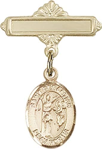 Dječja značka Ach sa šarmom svetog Sebastijana i poliranom pribadačom značke / dječja značka od 14k zlata sa šarmom svetog Sebastijana