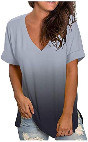 Žene v gradijent u boji rukava ljetni vrhovi V vrat kratki rukavi majice tunike meka bluza plus veličina.s-5xl