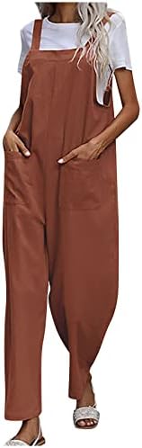 Ruziyoog Womens casual labave duge hlače vrećasta pamučna posteljina široka noga Čvrsta boja ROMPERS kombinezoni s dva džepa