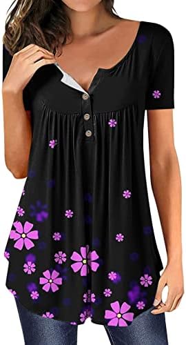 Majice kratkih rukava za žene, Ženska tunika s cvjetnim printom u obliku slova u, donji dio gumba, široka bluza kratkih rukava, pamučna