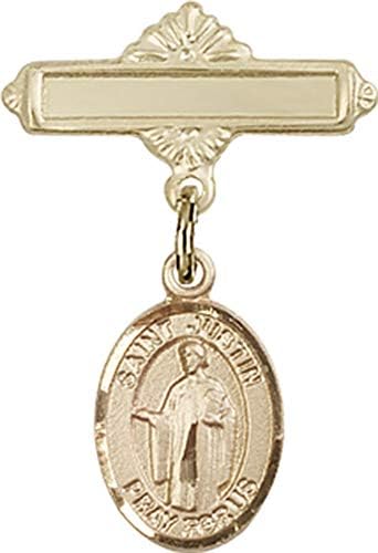 Dječja značka Ach s amuletom Svetog Justina i poliranom Pribadačom značke / Zlatna značka za djecu od 14 karata s amuletom Svetog Justina