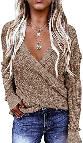 Topovi s dugim rukavima za žene, džemperi s izrezom i omotom, pleteni pulover s asimetričnim rubom, jednobojni vrhovi
